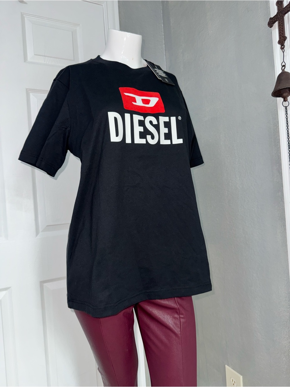 Diesel Black Short-Sleeve Logo Tee with Red & White Graphic